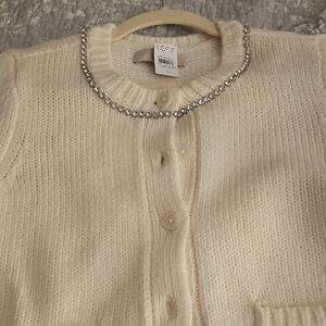 LOFT Cream Cardigan with Ribbed Texture and Metallic Trim